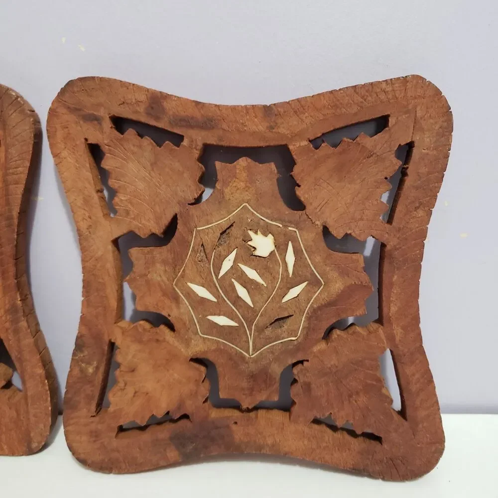 Trivet Set of 2 Wooden Handcarved Kitchen Home Country Farmhouse Decor 5.5